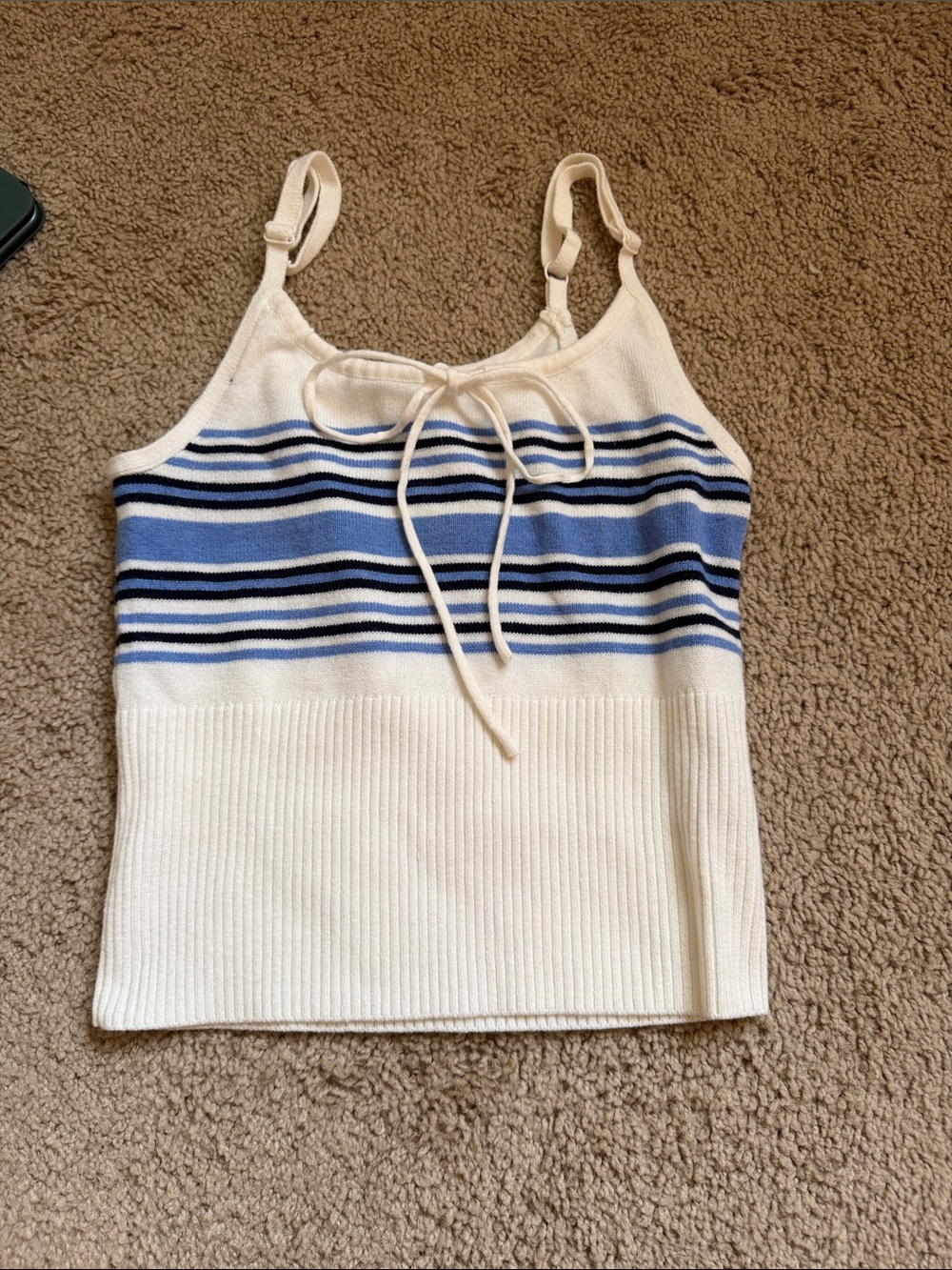 Cream & Blue Striped Knit Tank Top - Unbranded
